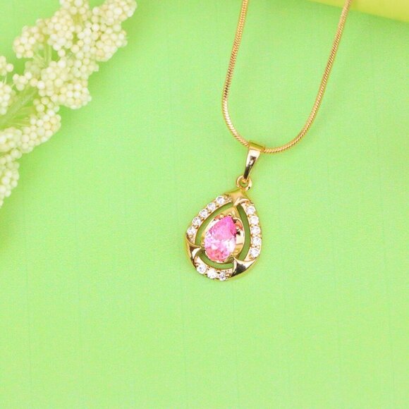 "Teardrop Pink Stone Pendant with Sparkling Accents in Gold Finish, XPPT1799 - Picture 5 of 13